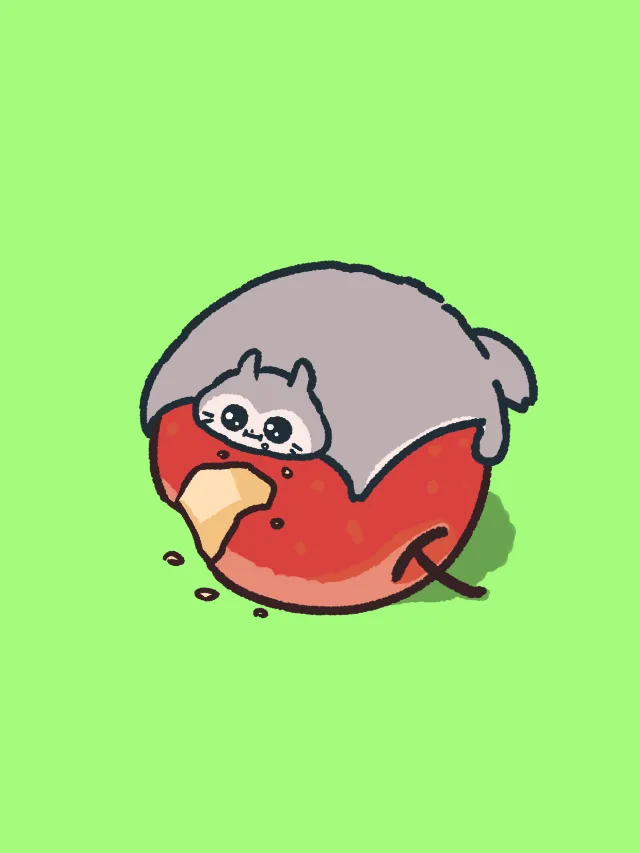 りんごにくっついて食べているぽちゃもんの壁紙